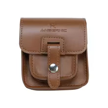 Brown leather pouch with a silver buckle on a white background