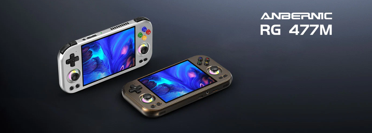 Two gaming consoles with colorful displays on a dark background, featuring the brand 'Anbernic'.