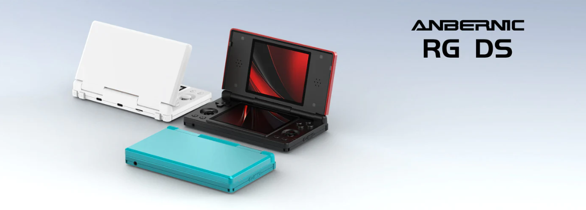 Three handheld gaming consoles in white, black, and blue on a light gray background with 'Anbernic RG DS' branding.