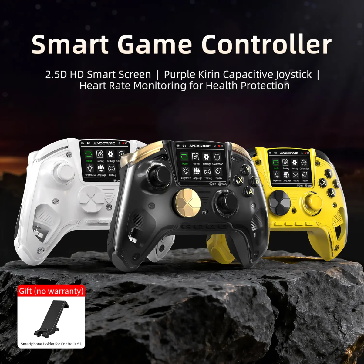 Three smart game controllers on a dark background with text highlighting features.