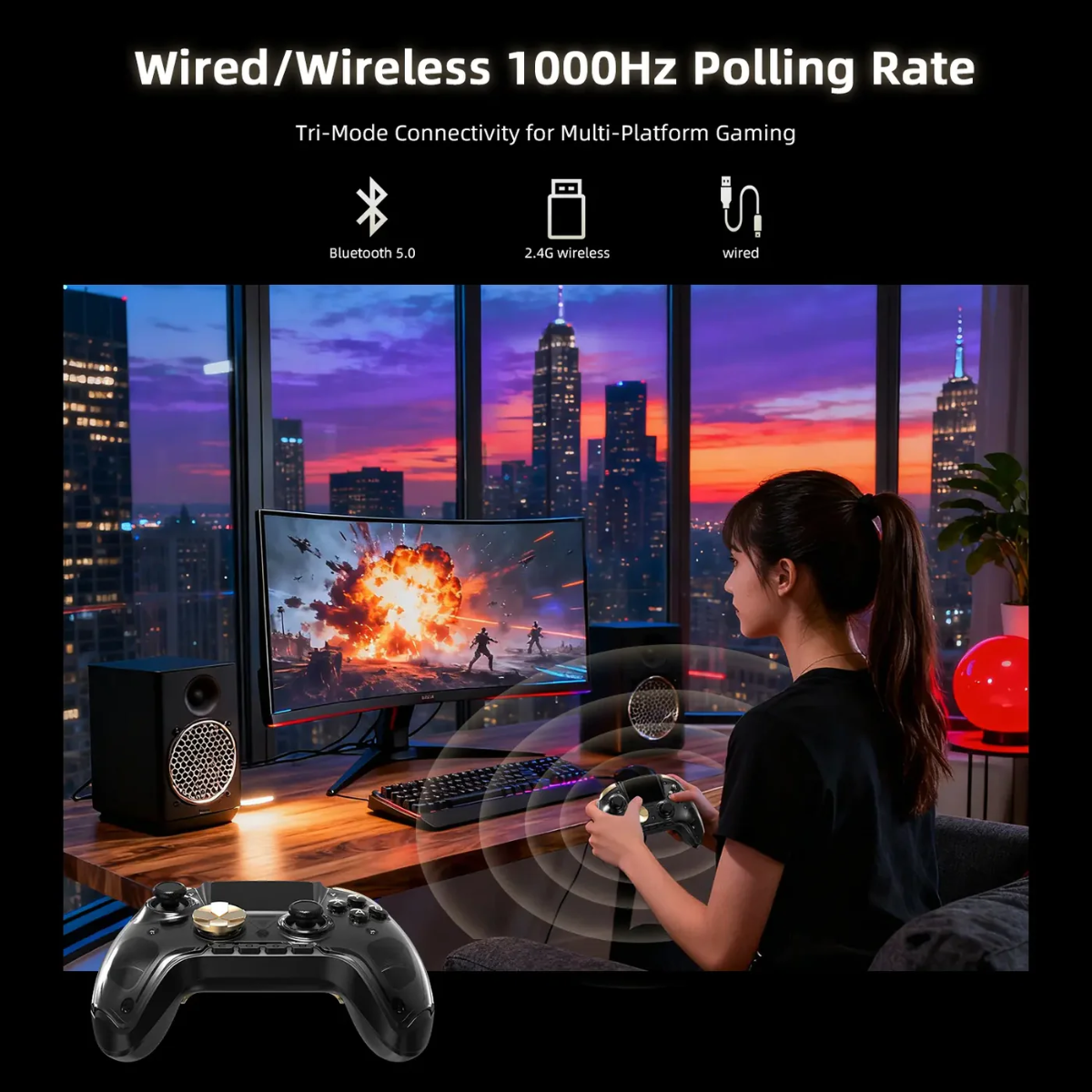 Person playing video games in a room with a cityscape view, featuring gaming equipment and connectivity options.