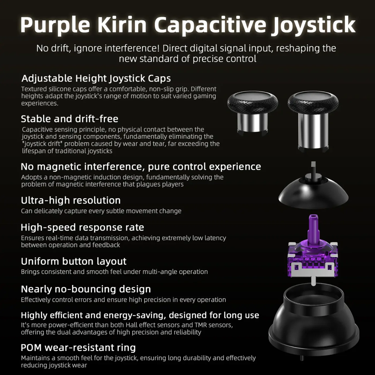 Purple Kirin Capacitive Joystick with features listed on a black background