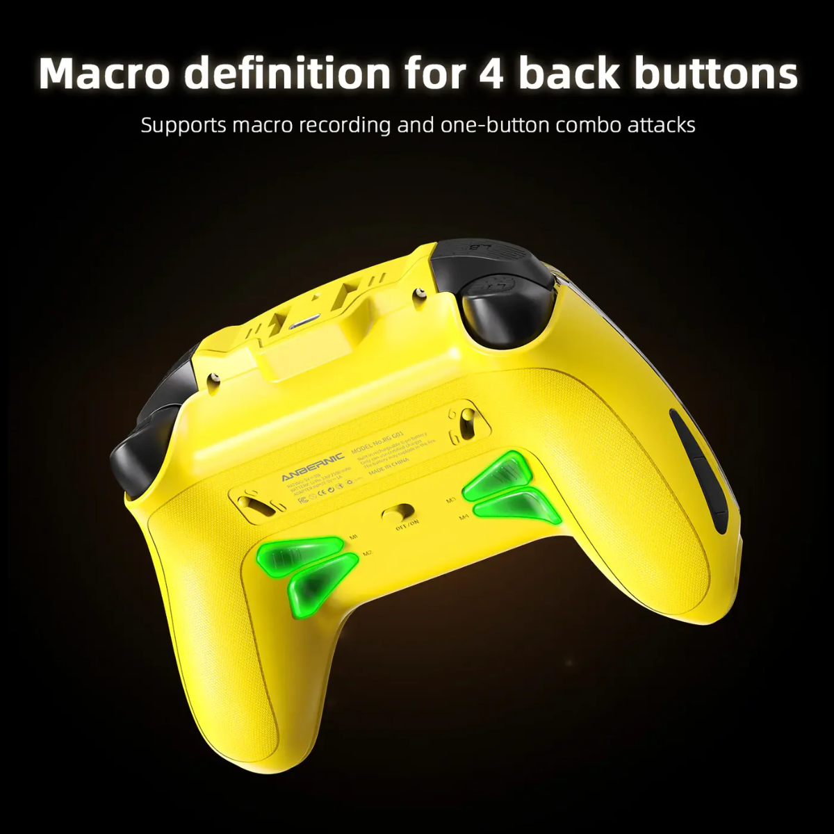 Yellow gaming controller with green buttons on a black background