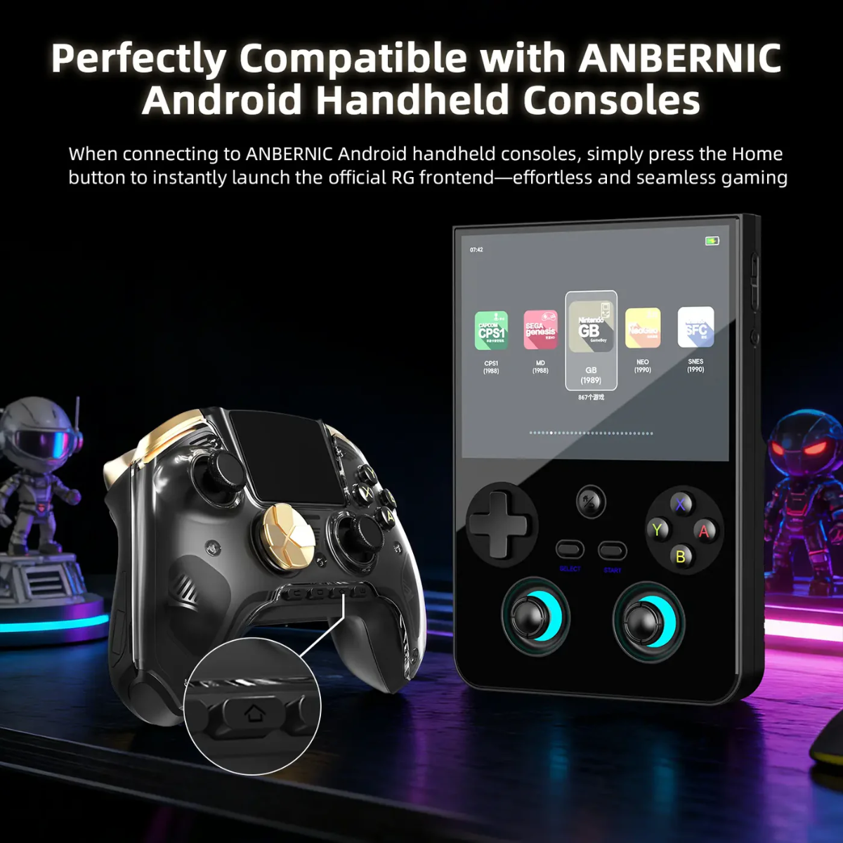 Handheld gaming console with controller on a dark surface, featuring ANBERNIC branding.