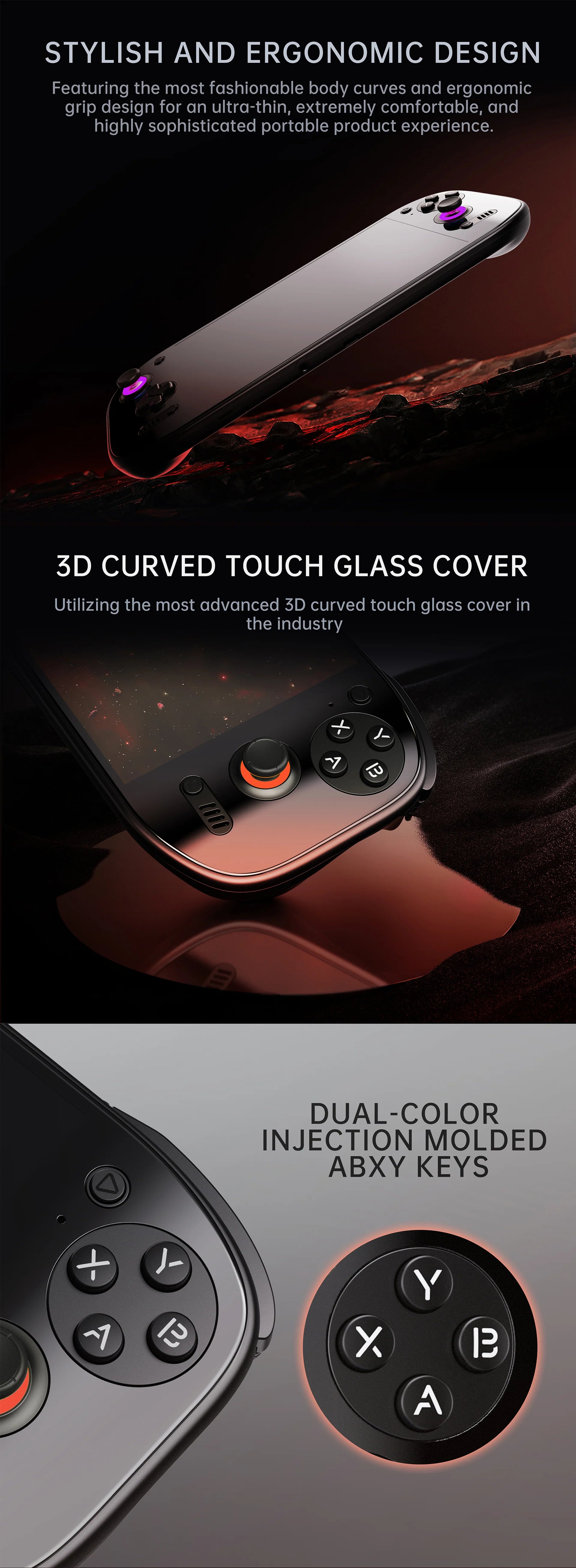 Stylus with ergonomic design and 3D curved touch glass cover on a dark background
