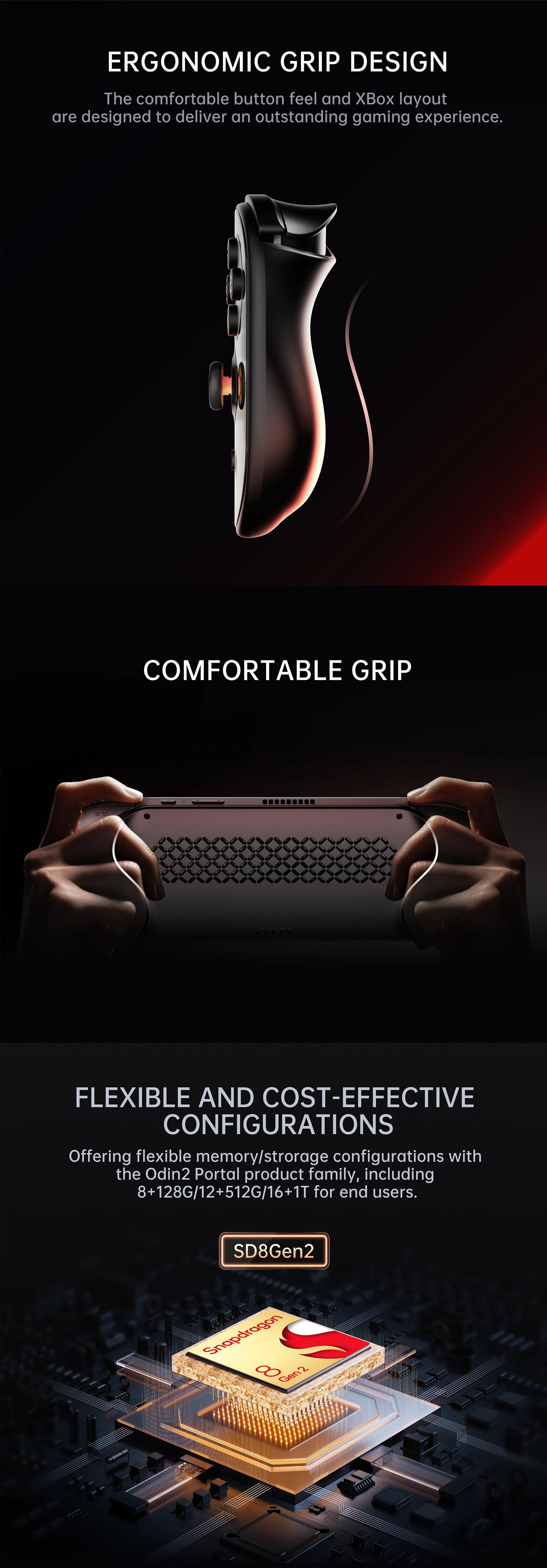 Product with ergonomic grip design and flexible configurations on a dark background