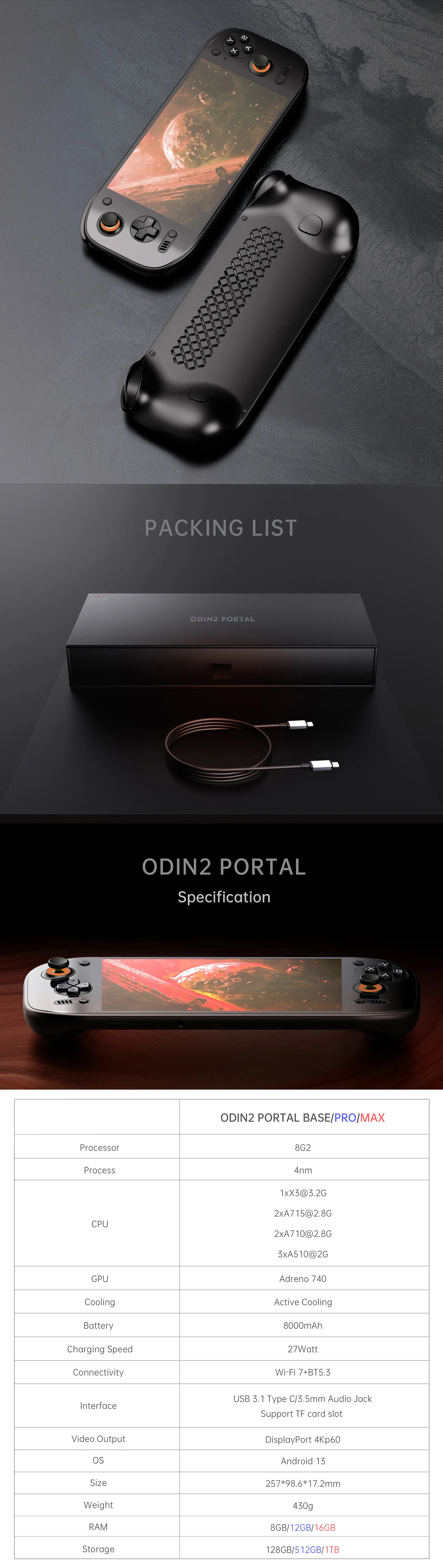 Black handheld device with screen and buttons, packaging box, and product specifications on a dark background.