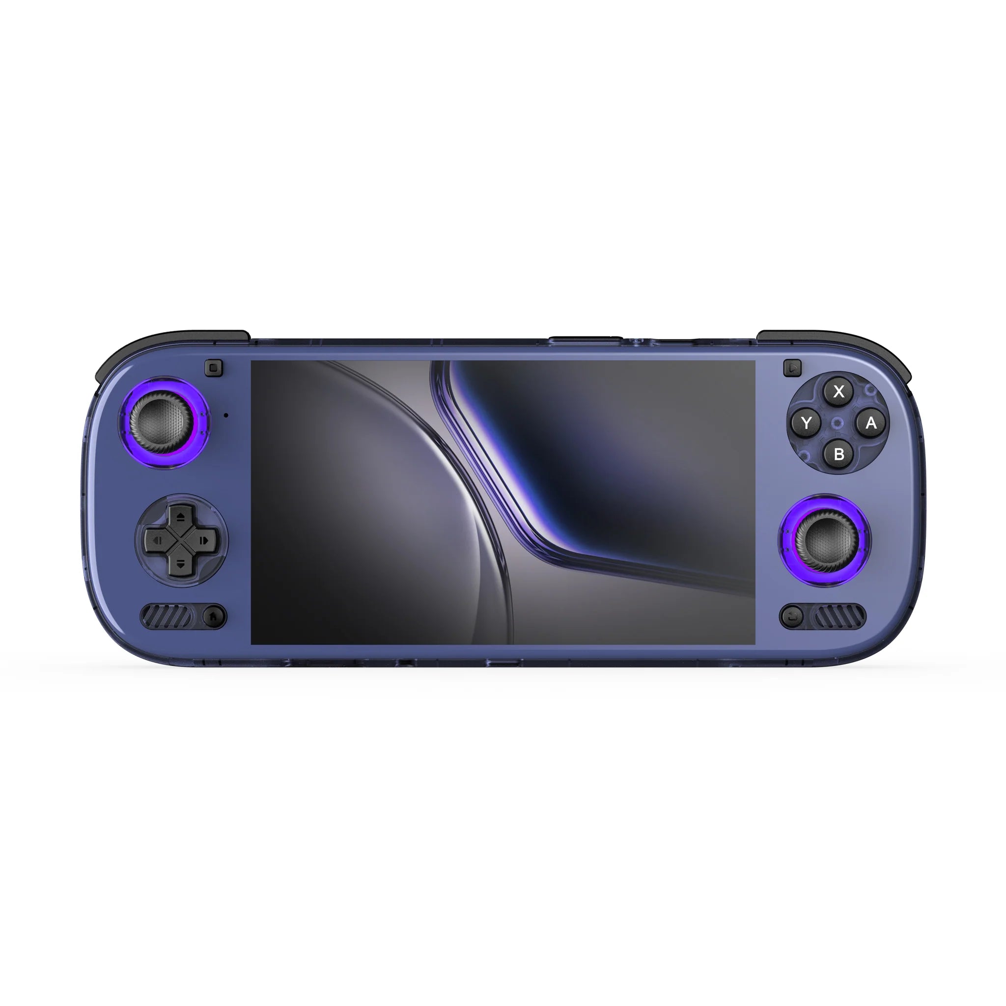 Blue handheld console with purple accents on a white background