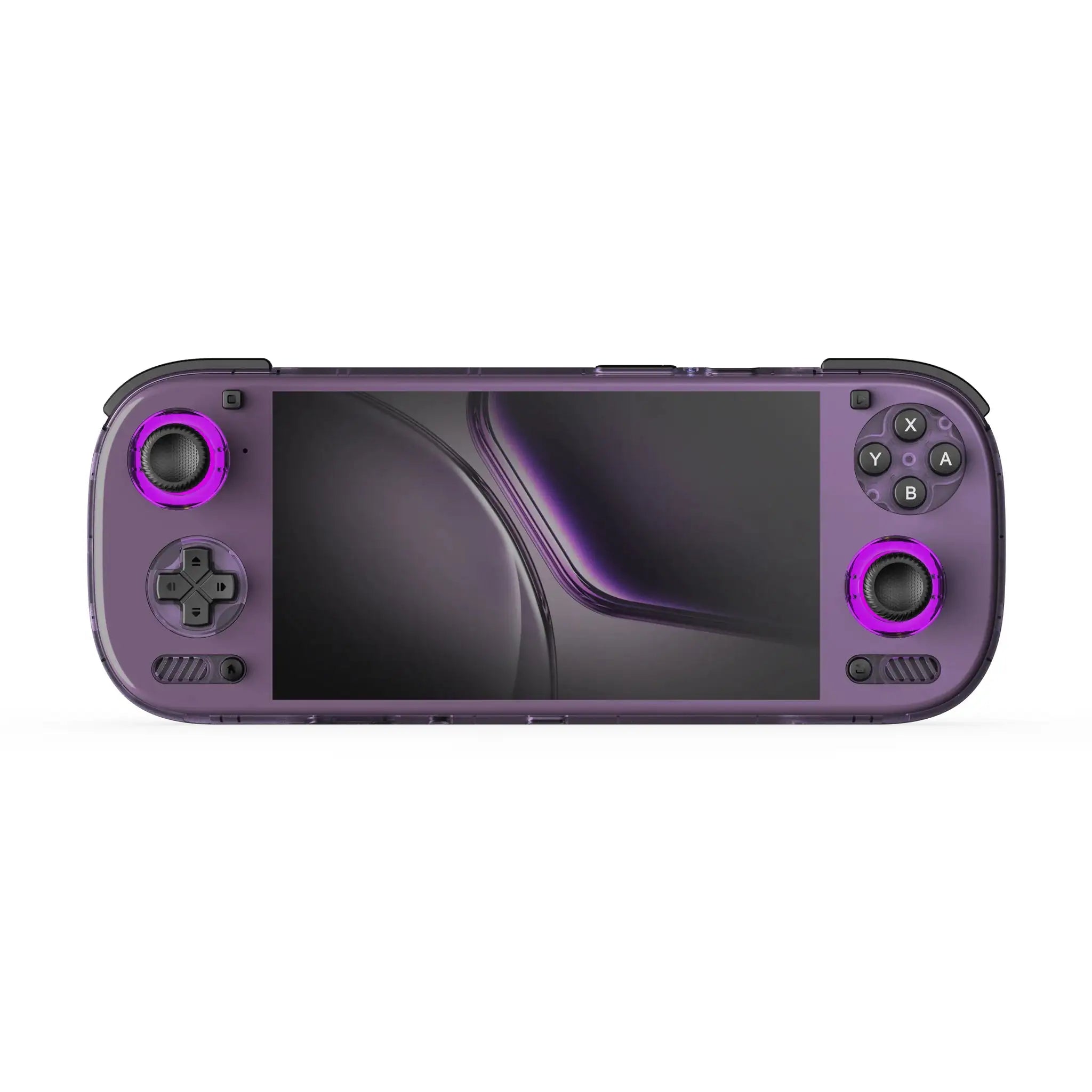 Purple handheld gaming device with joystick and buttons on a white background