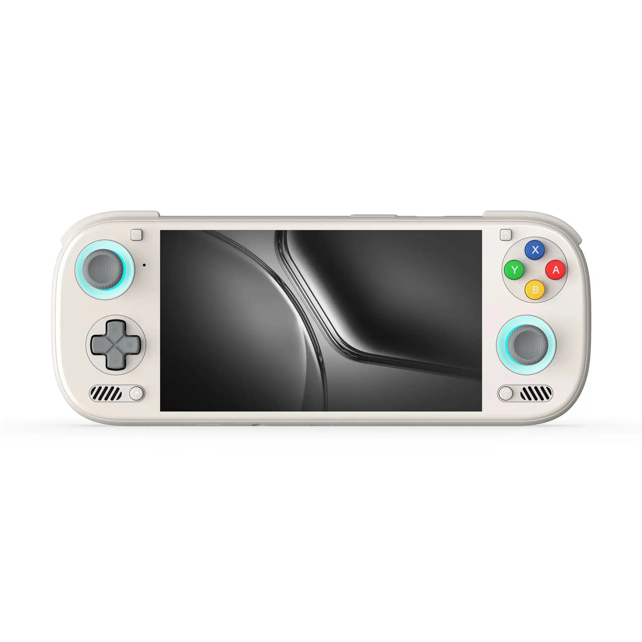 Handheld gaming console with joystick and button controls on a white background