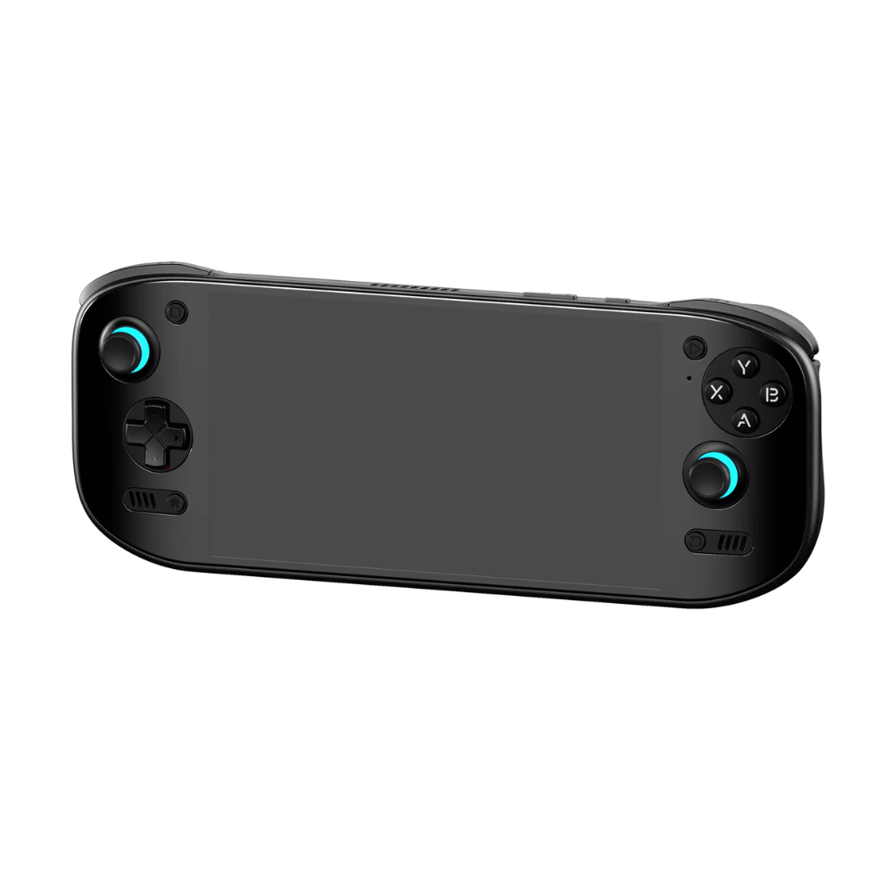 Black gaming controller on a white background