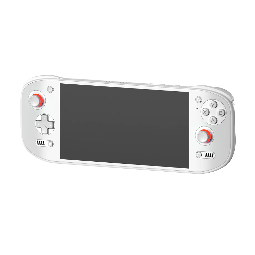 White handheld gaming console with screen and control buttons on a white background