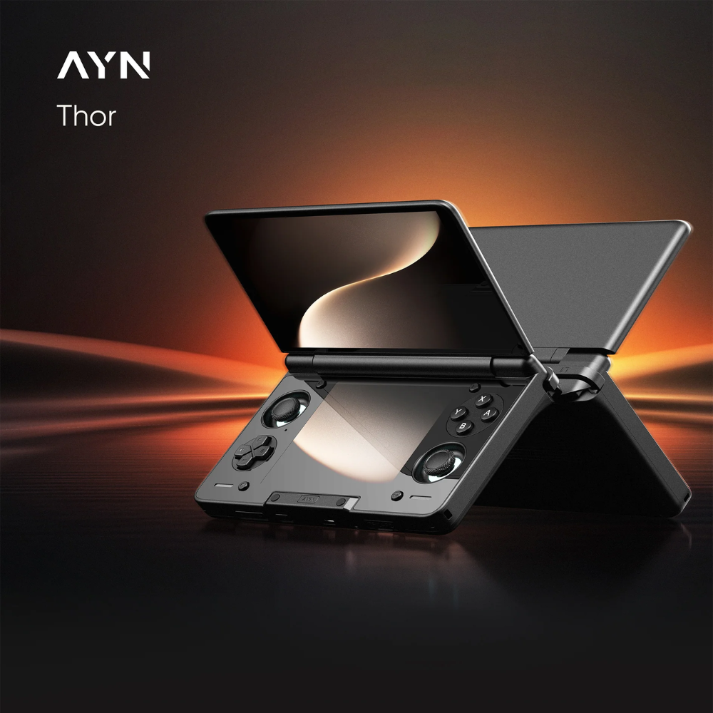 Foldable device with AYN Thor branding on a dark background