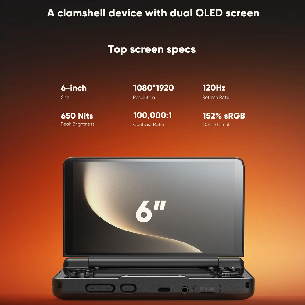 Clamshell device with dual OLED screen on an orange gradient background