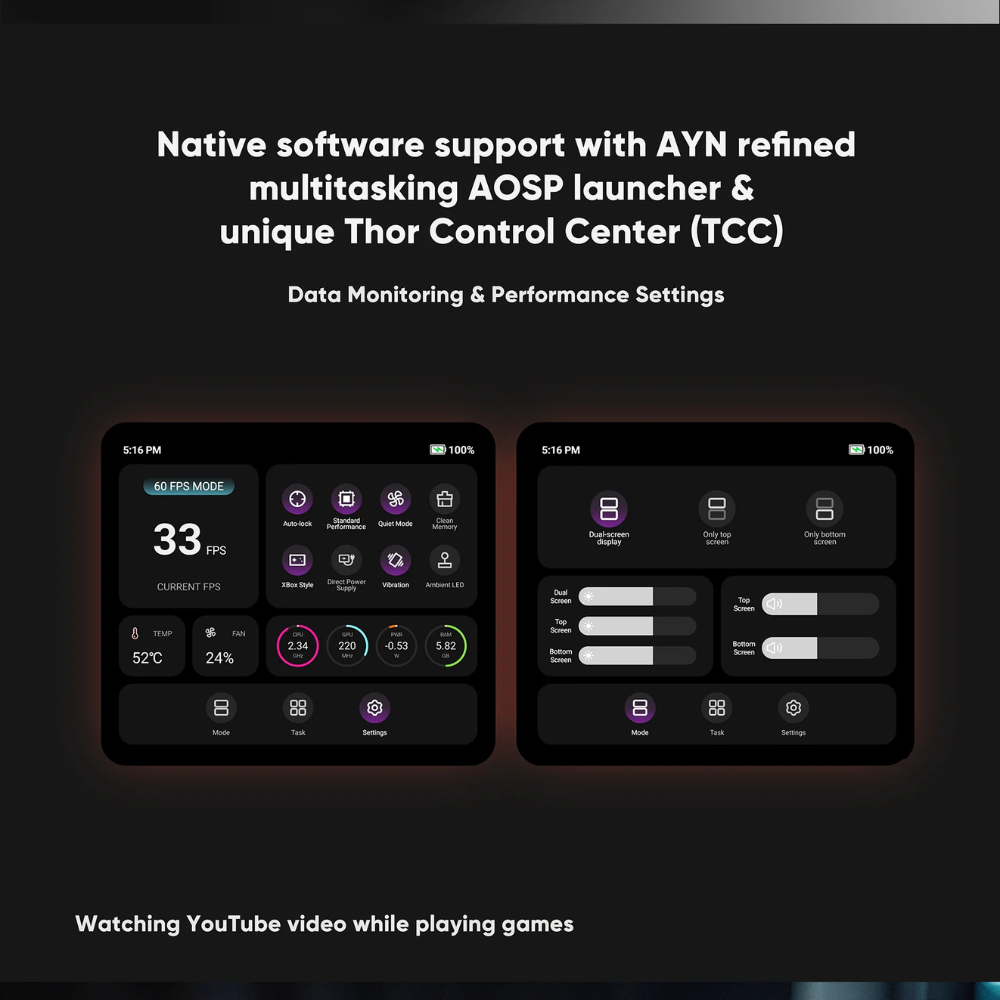 Multitasking AOSP launcher with Thor Control Center on a dark background