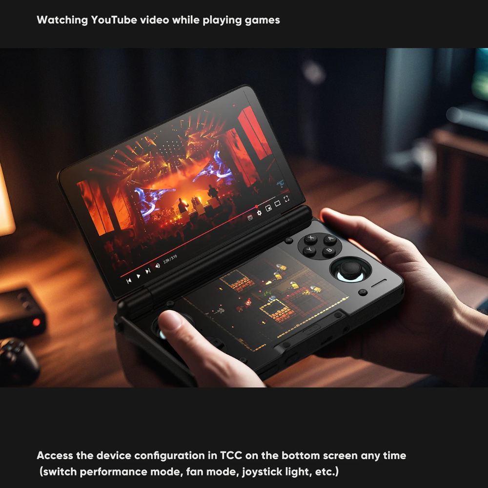 Person holding a handheld gaming device with a screen displaying a video, likely on YouTube, with a focus on gaming and video consumption.