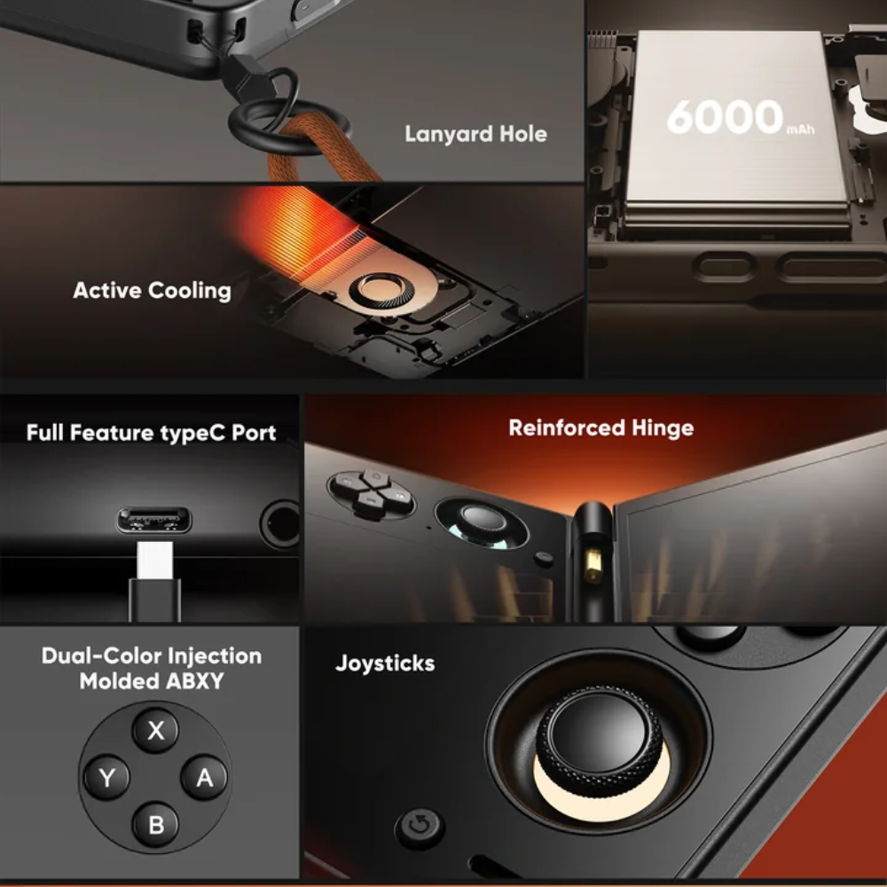 Collage of features including lanyard hole, active cooling, type-C port, reinforced hinge, dual-color injection, and joystick on a gaming device.