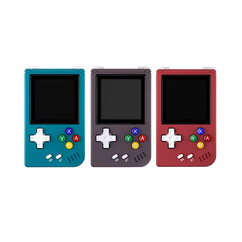 Three handheld gaming consoles in blue, gray, and red on a white background