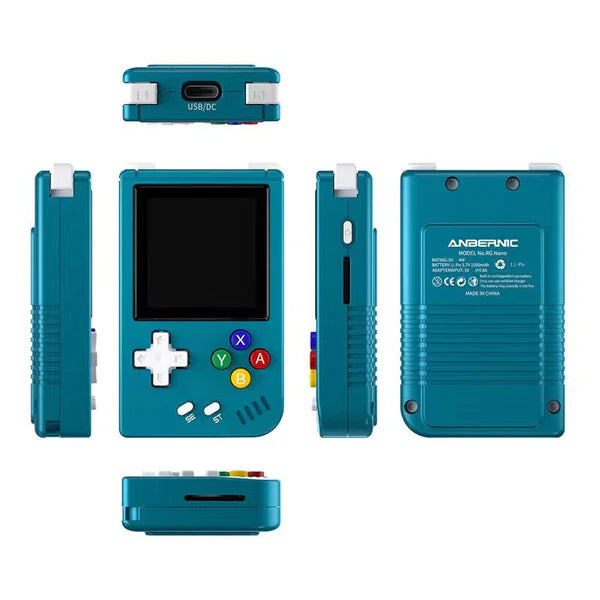 Teal handheld gaming console with multiple views on a white background