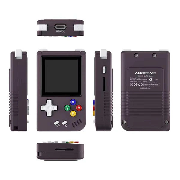 Handheld gaming console with multiple views on a white background