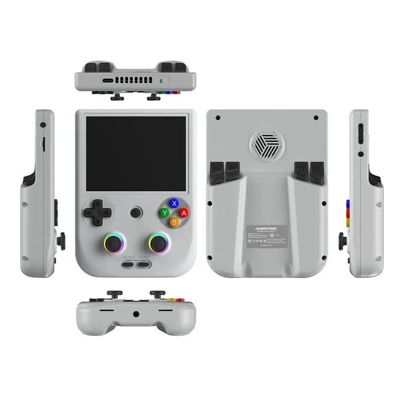 Gray handheld gaming console with multiple views on a white background