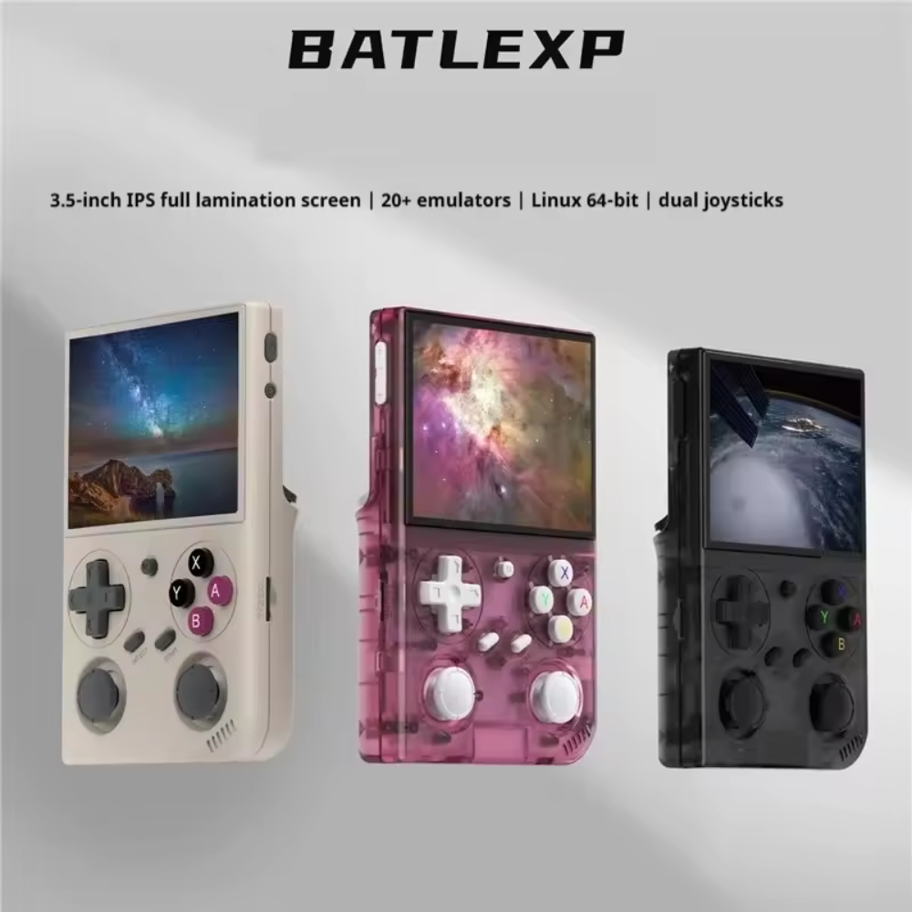 Three handheld gaming consoles with different color designs on a gray background, featuring the brand 'BATLEXP'.