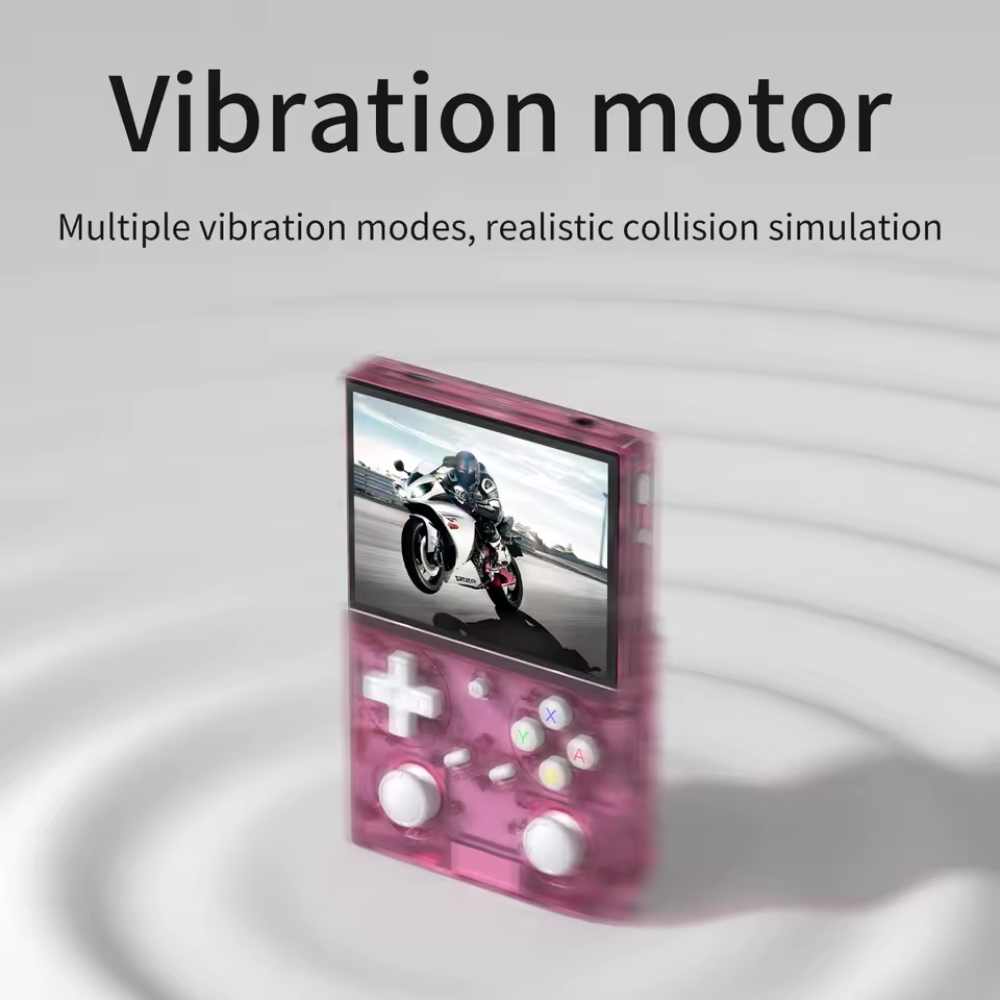 Pink handheld gaming console with screen displaying a motorcycle, on a light gray background with text about vibration motor.