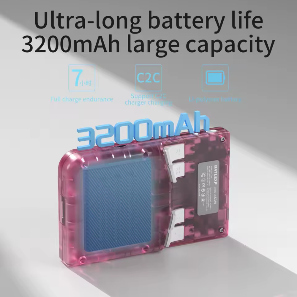 Pink and blue battery pack with '3200mAh' text on a gray background