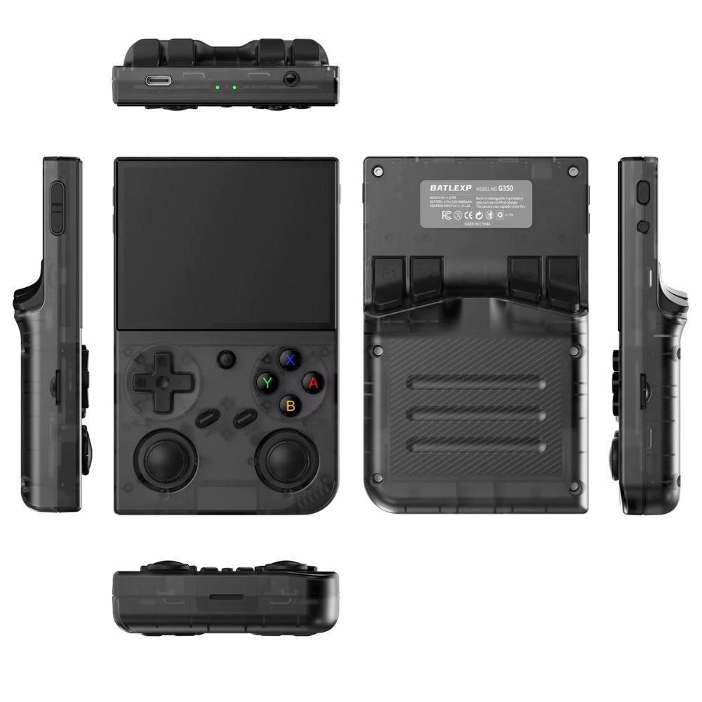 Black handheld gaming console with multiple views on a white background