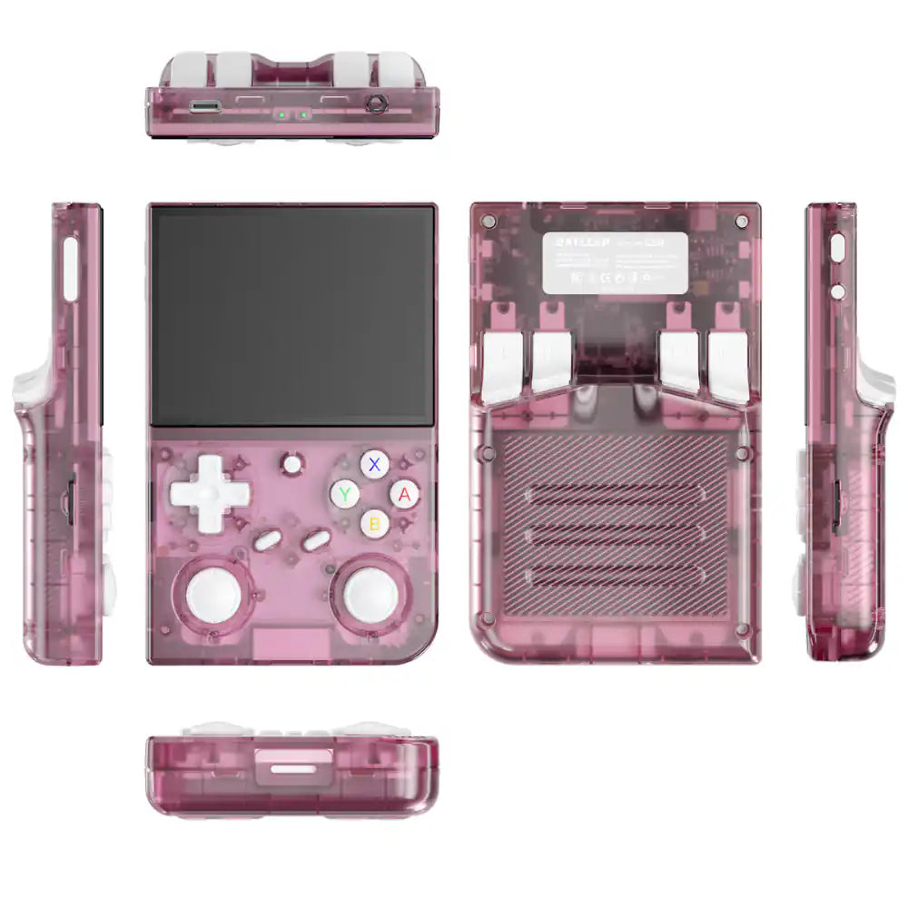 Pink handheld gaming console with multiple views on a white background