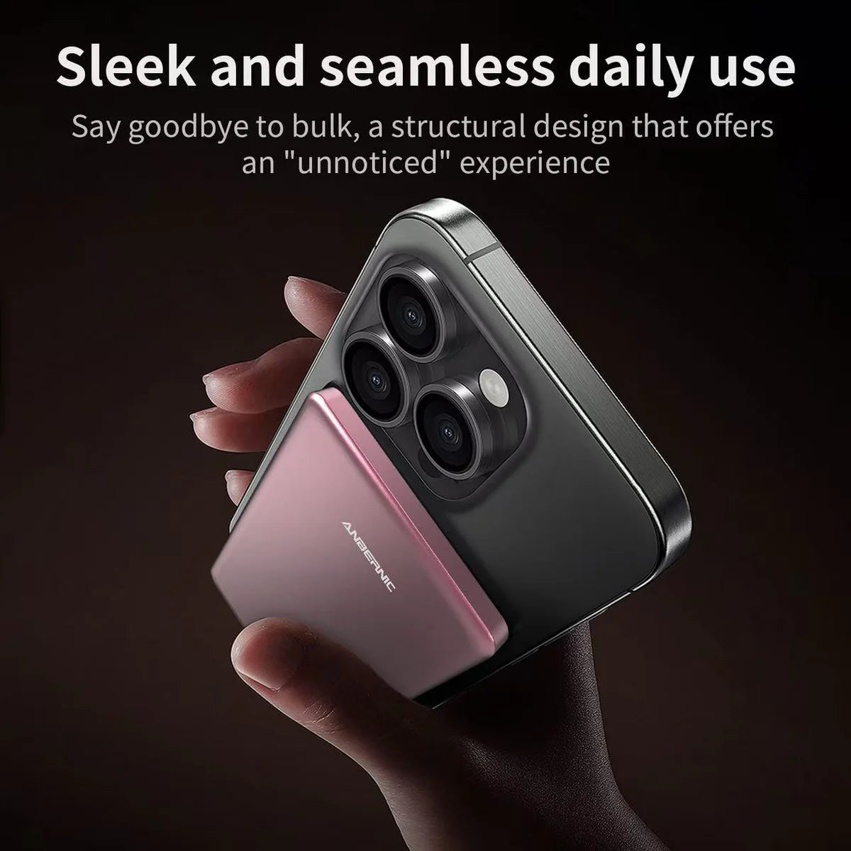 Power bank attached to a phone held by a hand with text about sleek design and seamless daily use with the battery.