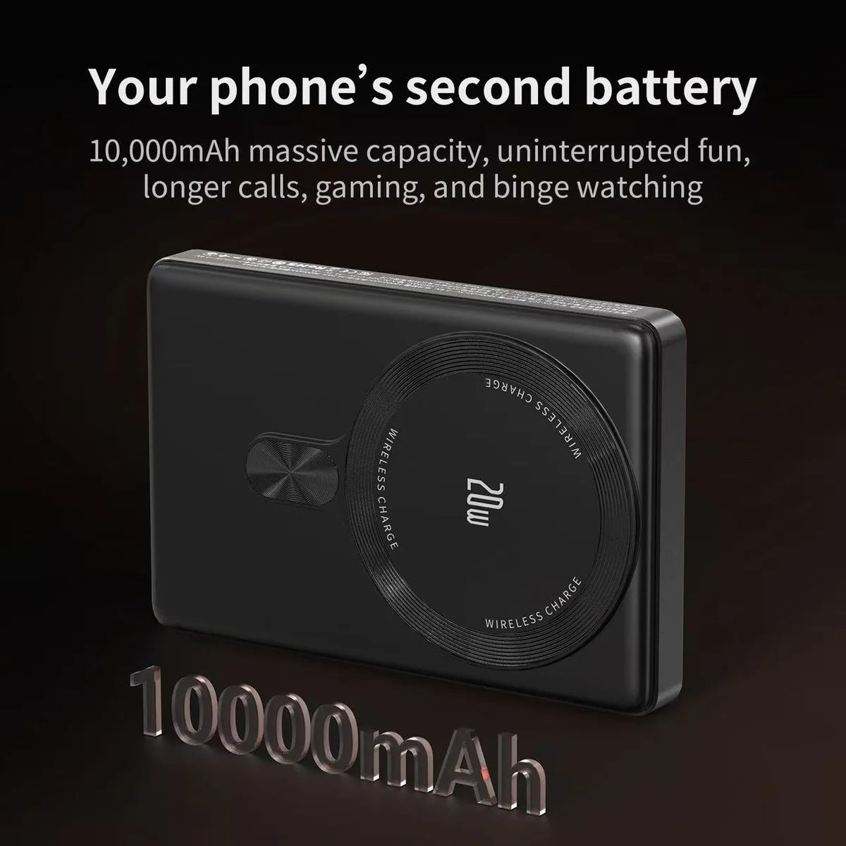 Black external battery pack with wireless charging feature on a dark background