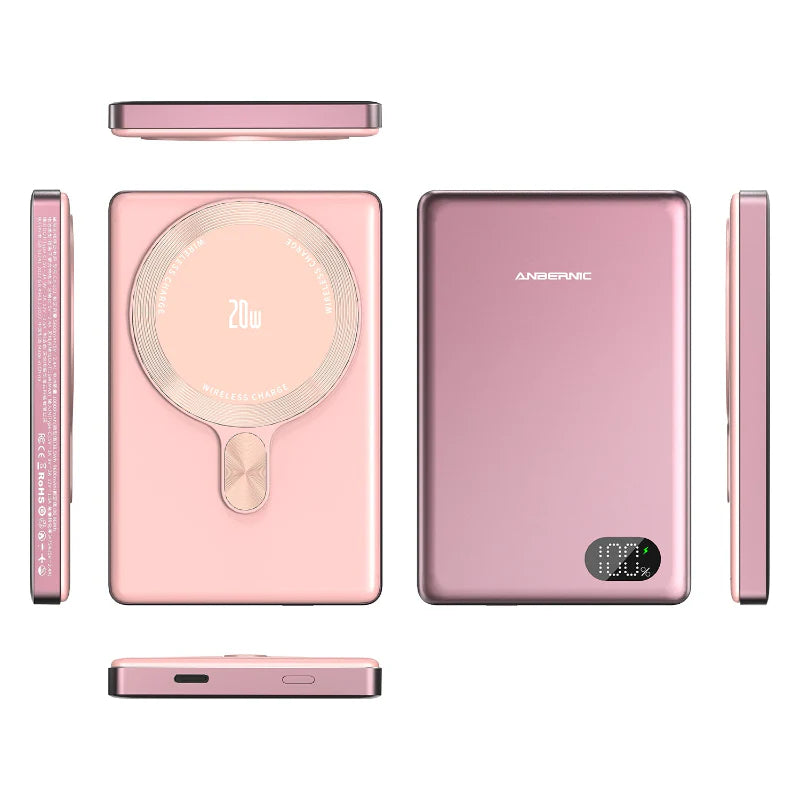 Pink handheld power bank with digital display and charging screen on a white background