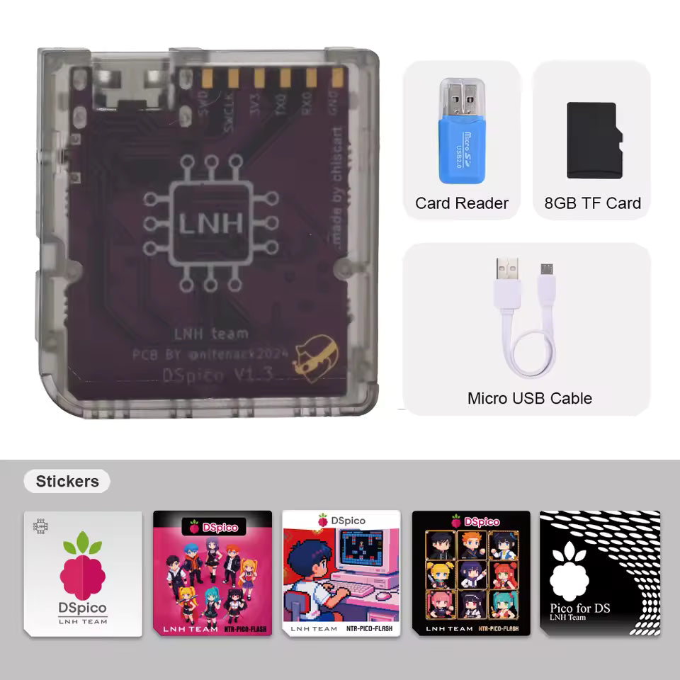 Electronic components including a PCB, card reader, TF card, micro USB cable, and stickers on a gray background.