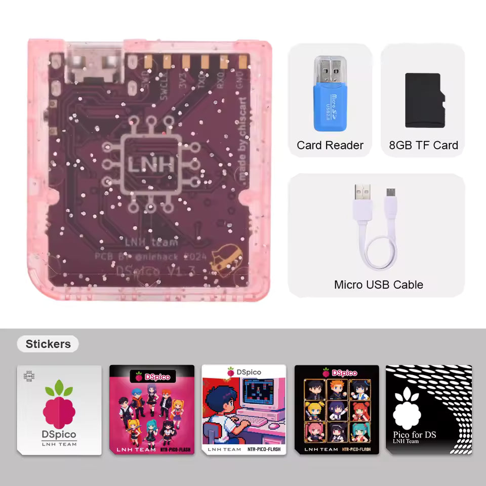Electronic components including a PCB, card reader, TF card, micro USB cable, and stickers on a gray background.