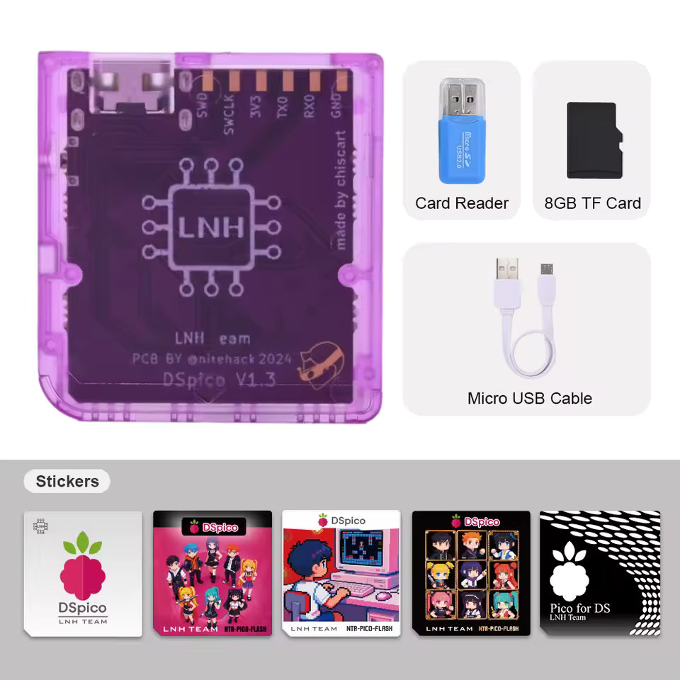 Electronic components including a purple PCB, card reader, TF card, micro USB cable, and stickers on a white background.