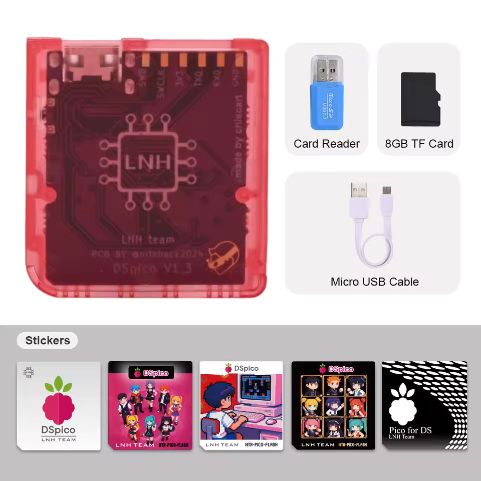 Collection of electronic components and accessories including a red PCB, card reader, TF card, micro USB cable, and stickers on a white background.