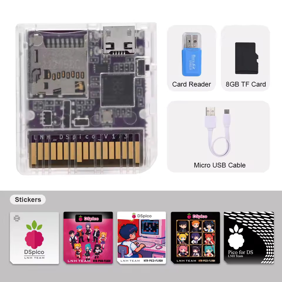 Electronic components and accessories including a card reader, 8GB TF card, micro USB cable, and stickers on a white background.