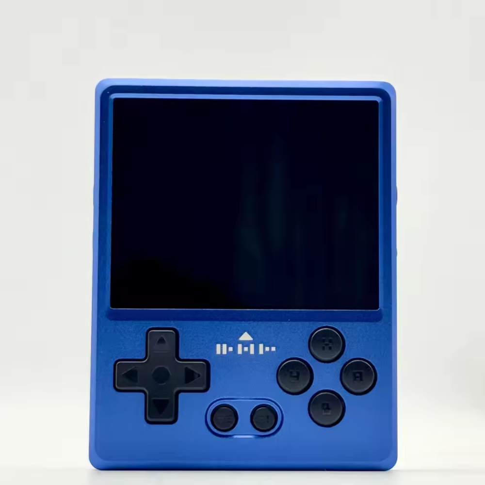 Blue handheld gaming console with black screen and buttons on a white background