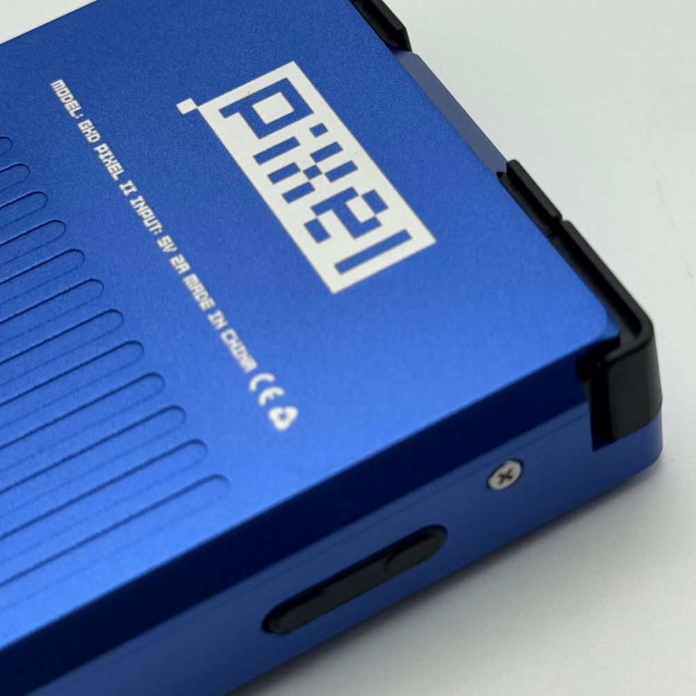 Blue electronic device with a brand logo on a white background