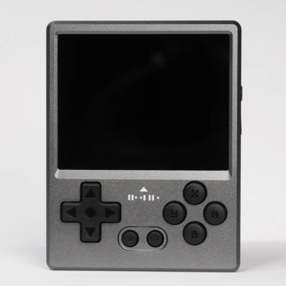 Handheld gaming console with black screen and buttons on a white background