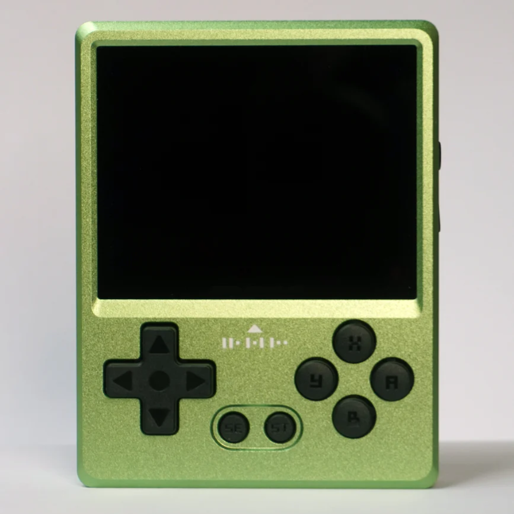 Green handheld gaming console with black screen on a light gray background