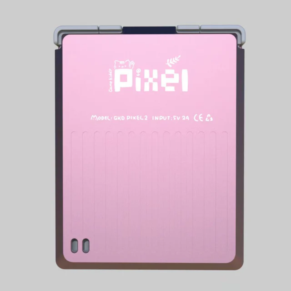 Pixel Pink Kawaii Cute handheld console with brand name on a gray background