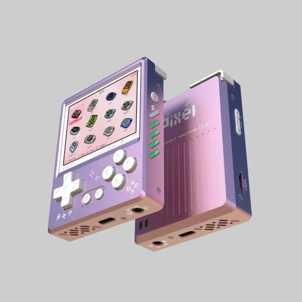 Handheld gaming console with a pixelated display on a gray background