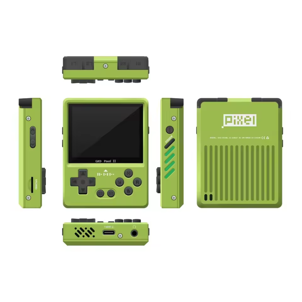 Green handheld gaming console with multiple views on a white background