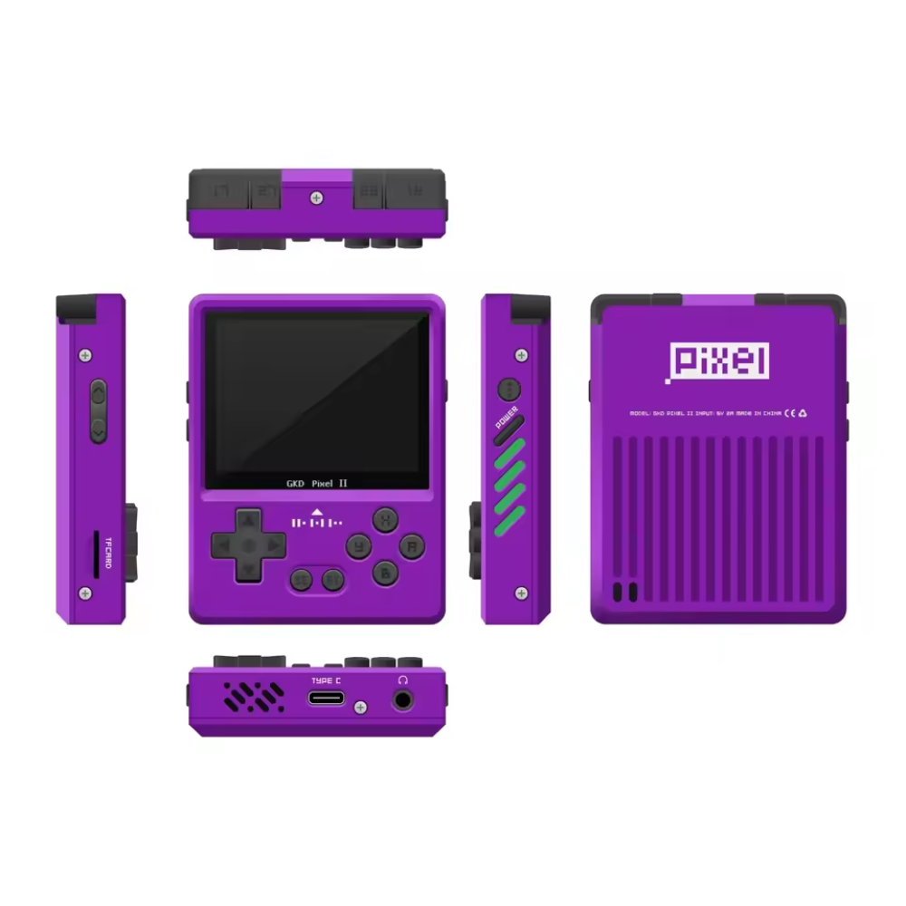 Purple handheld gaming console with multiple views on a white background