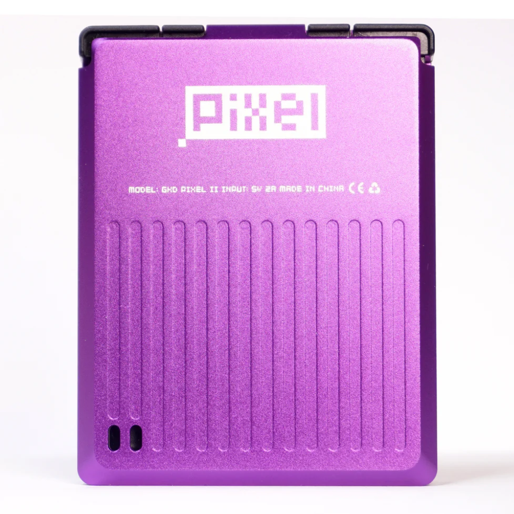 Purple handheld console with 'Pixel' branding on a white background