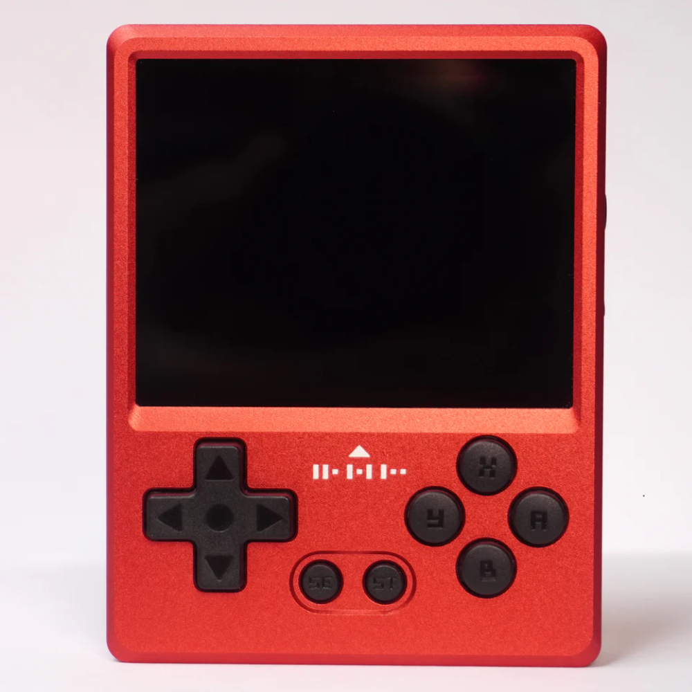 Red handheld game console with black screen and buttons on a white background