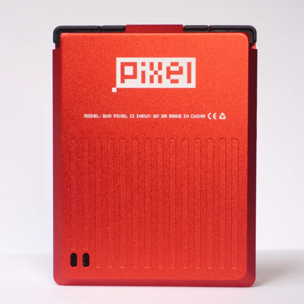 Red electronic device with 'Pixel' branding on a white background