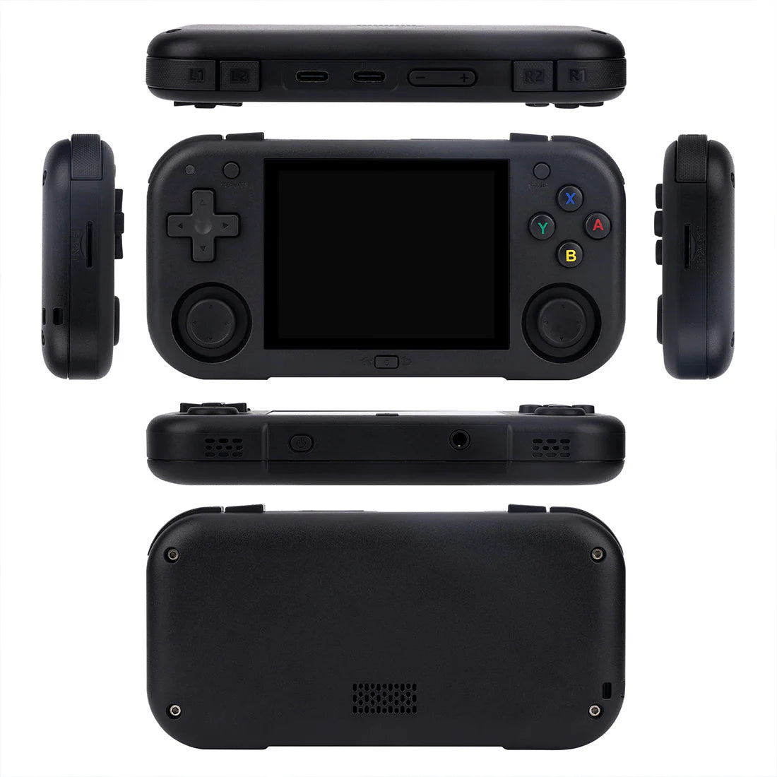 Black handheld gaming console from multiple angles on a white background